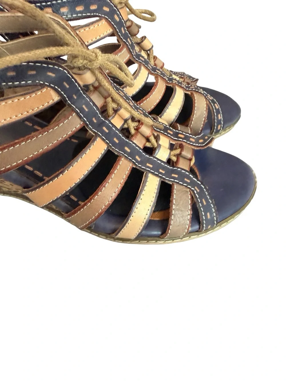 L'Artiste x Spring Step Navy Tan Leather Lace Up Wedge Sandals Size 10.5 Women's